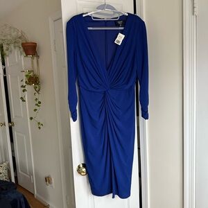 Tadashi Royal Blue Cocktail Dress 3/4 Sleeve Twist Front V-Neck Size M Saphire